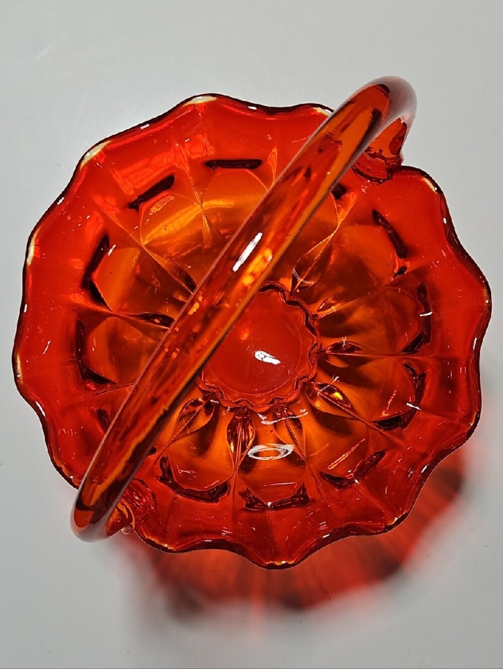 Vintage Fenton Amberina Glass Basket Colonial Thumbprint Ruffled Cadmium Glow